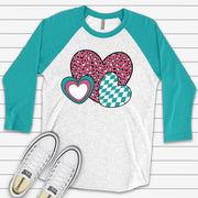 Valentine Raglan, Cute Valentine Hearts, Teal and Pink Valentine Hearts Design on premium Raglan 3/4 sleeve shirt, plus size, 2X, 3X