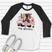 Valentine Raglan, Cute Valentine Gnomes, Love My Gnomies, Gnomes and Love Design on premium Raglan 3/4 sleeve shirt, plus size, 2X, 3X