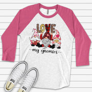 Valentine Raglan, Cute Valentine Gnomes, Love My Gnomies, Gnomes and Love Design on premium Raglan 3/4 sleeve shirt, plus size, 2X, 3X