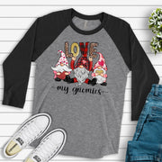 Valentine Raglan, Cute Valentine Gnomes, Love My Gnomies, Gnomes and Love Design on premium Raglan 3/4 sleeve shirt, plus size, 2X, 3X