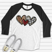 Valentine Raglan, Cute Valentine Hearts, Buffalo Plaid Hearts, Leopard Heart Design on premium Raglan 3/4 sleeve shirt, plus size, 2X, 3X