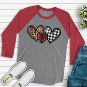 Valentine Raglan, Cute Valentine Hearts, Buffalo Plaid Hearts, Leopard Heart Design on premium Raglan 3/4 sleeve shirt, plus size, 2X, 3X