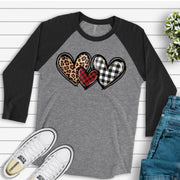 Valentine Raglan, Cute Valentine Hearts, Buffalo Plaid Hearts, Leopard Heart Design on premium Raglan 3/4 sleeve shirt, plus size, 2X, 3X