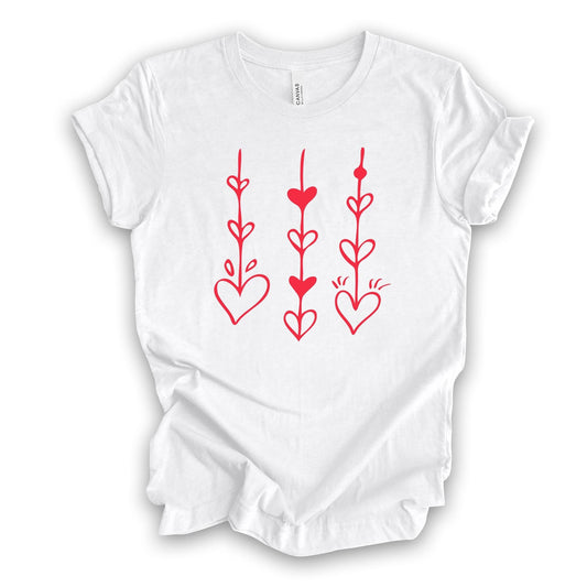 Valentine's Day Tee, Cute Hanging Hearts, Valentine Hearts Design on premium unisex shirt, 3 color choices, 3x valentine, 4x valentine