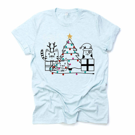Christmas Tee, Super Cute Christmas Cats with Christmas Tree and Lights on premium unisex shirt, 3 color choices, plus sizes available