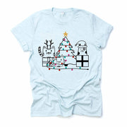 Christmas Tee, Super Cute Christmas Cats with Christmas Tree and Lights on premium unisex shirt, 3 color choices, plus sizes available