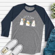 Christmas Raglan, Super Cute Snowmen with Let It Snow, Winter Snowmen in Snow Design on premium Raglan 3/4 sleeve shirt, plus size, 2X, 3X