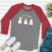 Christmas Raglan, Super Cute Snowmen with Let It Snow, Winter Snowmen in Snow Design on premium Raglan 3/4 sleeve shirt, plus size, 2X, 3X
