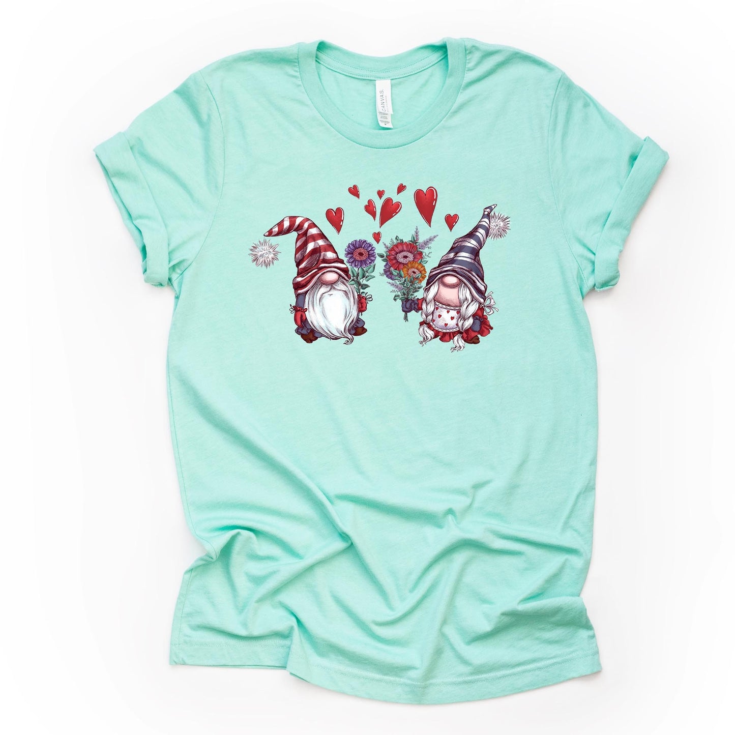 Valentine's Day Tee, Gnomes in Love, Valentine Gnome Couple Design on premium unisex shirt, 3 color choices, 3x valentine, 4x valentine