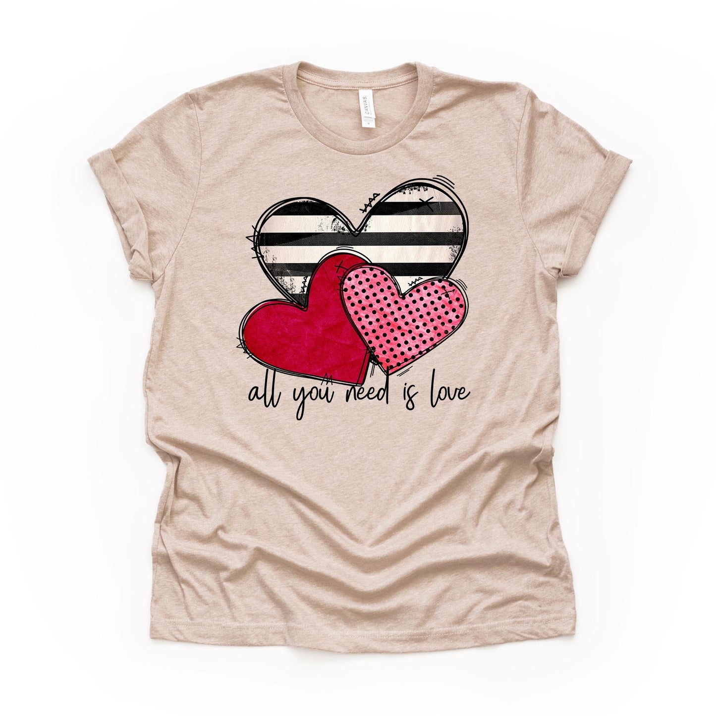 Valentine's Day Tee, Valentine Hearts, All You Need Is Love Design on premium unisex shirt, 3 color choices, 3x valentine, 4x valentine