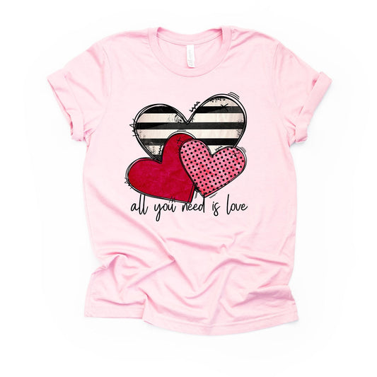 Valentine's Day Tee, Valentine Hearts, All You Need Is Love Design on premium unisex shirt, 3 color choices, 3x valentine, 4x valentine