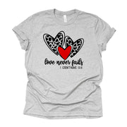 Valentine Tee, Christian Valentine Tee, Love Never Fails, 1 Corinthians Design on premium cotton unisex shirt, plus sizes, 2x, 3x, 4x
