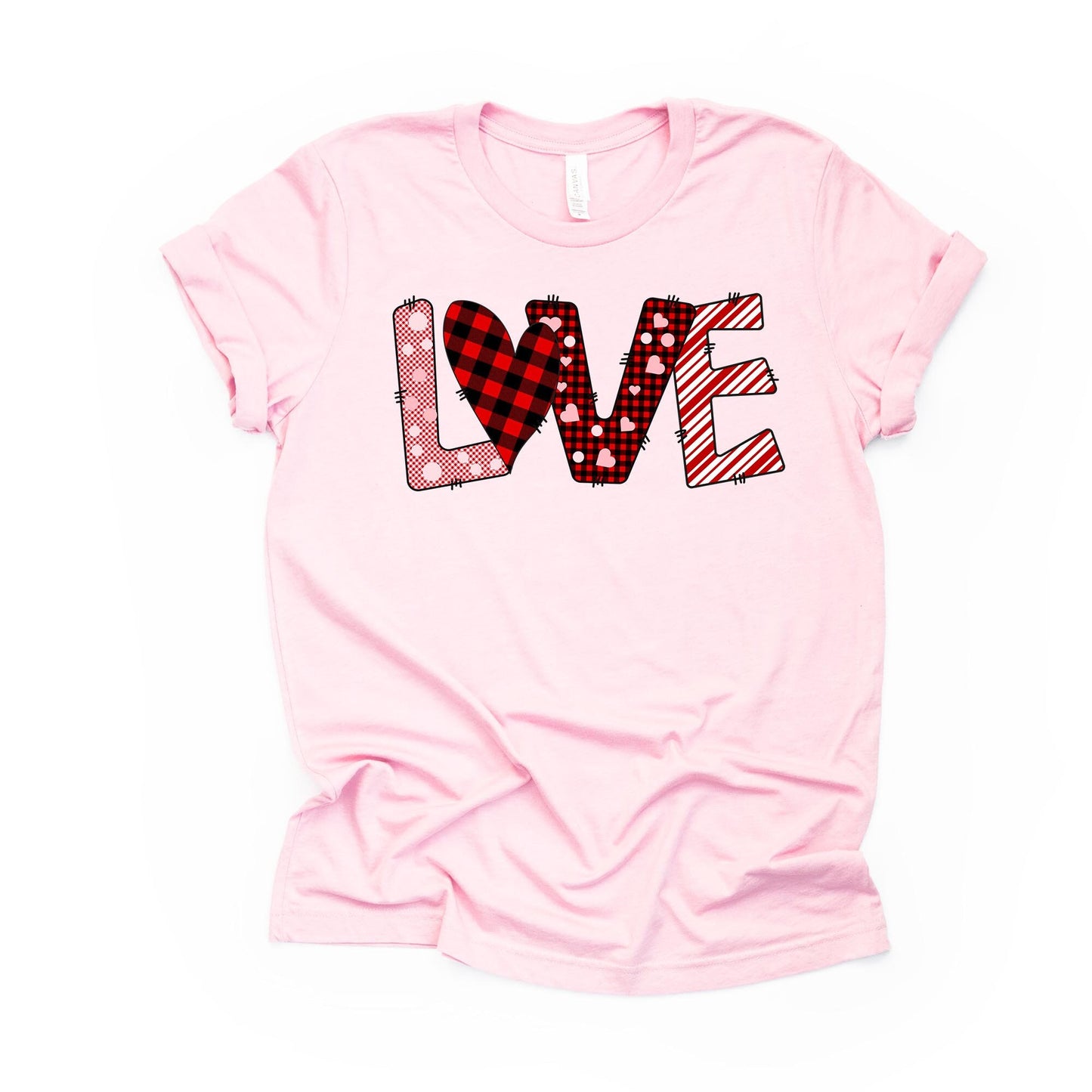 Valentine's Day Tee, Valentine LOVE, Plaid, Stripes & Dots LOVE Design on premium unisex shirt, 3 color choices, 3x valentine, 4x valentine