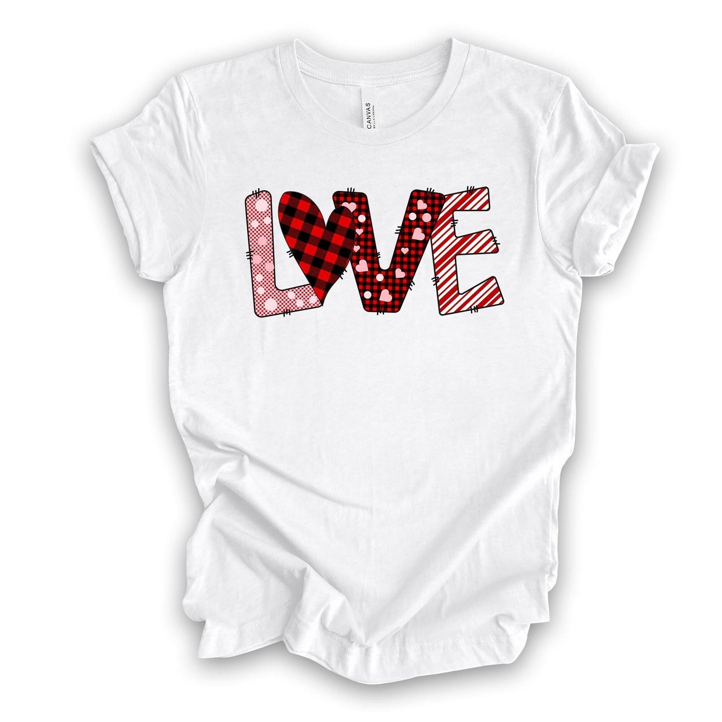 Valentine's Day Tee, Valentine LOVE, Plaid, Stripes & Dots LOVE Design on premium unisex shirt, 3 color choices, 3x valentine, 4x valentine
