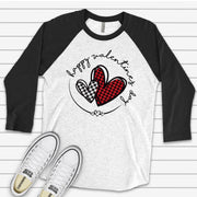 Valentine's Day Raglan, Red & Black Buffalo Plaid Hearts, Happy Valentine's Day Design on premium Raglan 3/4 sleeve shirt, plus size, 2X, 3X