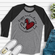 Valentine's Day Raglan, Red & Black Buffalo Plaid Hearts, Happy Valentine's Day Design on premium Raglan 3/4 sleeve shirt, plus size, 2X, 3X