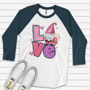 Valentine's Day Raglan, Super Cute LOVE Gnome, Valentine's Day Gnome Design on premium Raglan 3/4 sleeve shirt, plus size, 2X, 3X