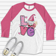 Valentine's Day Raglan, Super Cute LOVE Gnome, Valentine's Day Gnome Design on premium Raglan 3/4 sleeve shirt, plus size, 2X, 3X