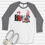 Valentine's Day Raglan, Super Cute LOVE Gnomes, Valentine's Day Gnomes Design on premium Raglan 3/4 sleeve shirt, plus size, 2X, 3X