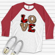 Valentine's Day Raglan, Buffalo Plaid and Leopard Print LOVE, Red Plaid LOVE Design on premium Raglan 3/4 sleeve shirt, plus size, 2X, 3X