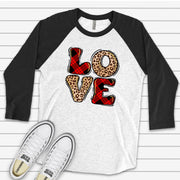 Valentine's Day Raglan, Buffalo Plaid and Leopard Print LOVE, Red Plaid LOVE Design on premium Raglan 3/4 sleeve shirt, plus size, 2X, 3X