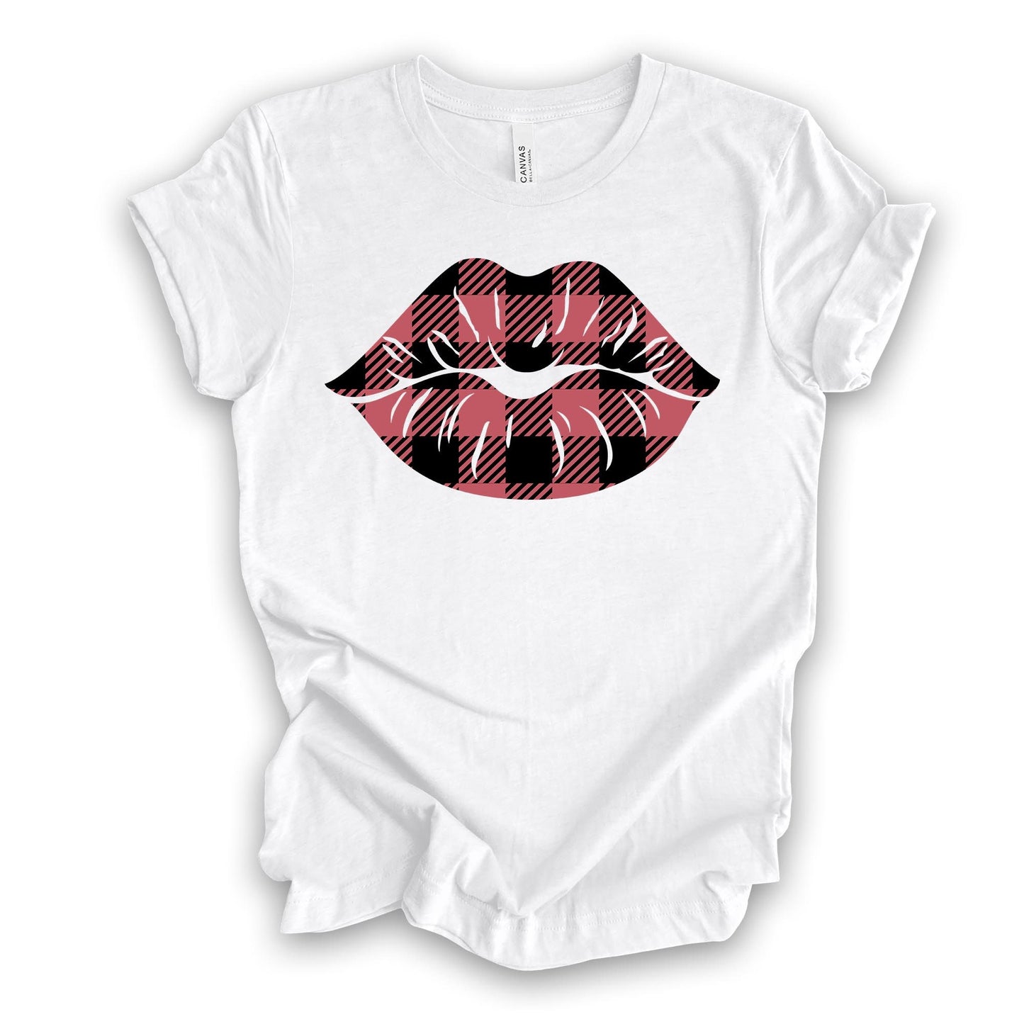 Valentine's Day Tee, Pink Buffalo Plaid Lips, Valentine Lips Design on premium unisex shirt, 3 color choices, 3x valentine, 4x valentine