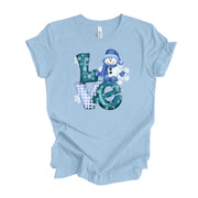 Winter Tee, Super Cute LOVE Snow with Snowman, Love Winter, Love Snowman Design on premium cotton unisex shirt, plus sizes, 2x, 3x, 4x