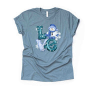 Winter Tee, Super Cute LOVE Snow with Snowman, Love Winter, Love Snowman Design on premium cotton unisex shirt, plus sizes, 2x, 3x, 4x
