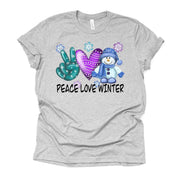 Winter Tee, Super Cute PEACE LOVE WINTER Snowman, Love Winter, Love Snowman Design on premium cotton unisex shirt, plus sizes, 2x, 3x, 4x