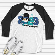Happy New Year Raglan, Super Cute 2023 Snowman, Happy New Year Snowman Design on premium Raglan 3/4 sleeve shirt, plus size, 2X, 3X