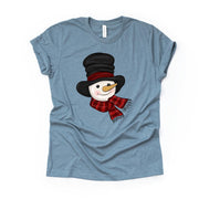 Snowman Tee, Super Cute Snowman in Black Hat & Scarf, Cute Snowman Design on premium Bella + Canvas unisex shirt, 3 color choices, plus size