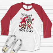 Valentine Raglan, Cute Valentine Gnomes, Gnomes and Kisses, Gnomes in Love Design on premium Raglan 3/4 sleeve shirt, plus size, 2X, 3X