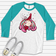 Valentine Raglan, Cute Valentine Gnome, Gnome Spreading Love and Rainbows Design on premium Raglan 3/4 sleeve shirt, plus size, 2X, 3X