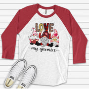 Valentine Raglan, Cute Valentine Gnomes, Love My Gnomies, Gnomes and Love Design on premium Raglan 3/4 sleeve shirt, plus size, 2X, 3X