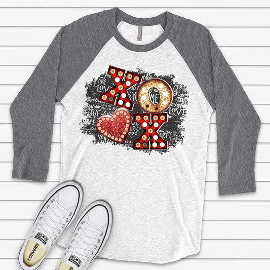 Valentine Raglan, Cute Valentine Hearts, Marquee XOXO with Hearts Design on premium Raglan 3/4 sleeve shirt, plus size, 2X, 3X