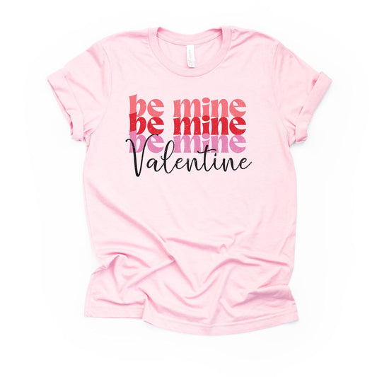 Valentine's Day Tee, Repeating BE MINE Valentine, Be Mine Word Art Design, premium unisex shirt, 3 color choices, plus valentine tee