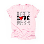Valentine's Day Tee, Repeating LOVE with Red Heart, Love Echo with Heart Design, premium unisex shirt, 3 color choices, plus valentine tee