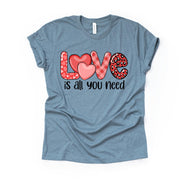 Valentine's Day Tee, Love Is All You Need, Plaid and Leopard LOVE Design, premium unisex shirt, 3 color choices, plus valentine tee