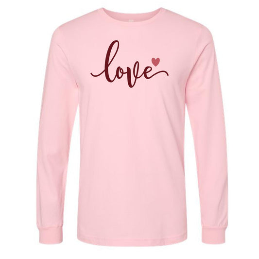 Valentine Long Sleeve Tee, Script LOVE, Simple Valentine Love with Heart Design on premium unisex long sleeve tee, 3x plus size long sleeve
