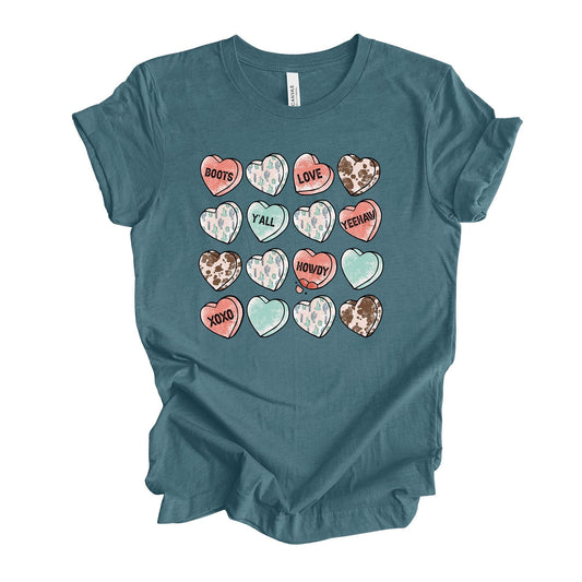 Valentine's Day Tee, Cute Western Conversation Hearts, Cowhide Hearts Design, premium unisex shirt, 3 color choices, plus valentine tee