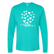 Valentine Long Sleeve Tee, Script LOVE with Cute White Hearts, Love Heart Design on premium unisex long sleeve tee, 3x plus size long sleeve