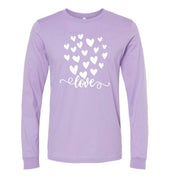 Valentine Long Sleeve Tee, Script LOVE with Cute White Hearts, Love Heart Design on premium unisex long sleeve tee, 3x plus size long sleeve