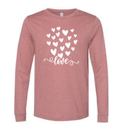 Valentine Long Sleeve Tee, Script LOVE with Cute White Hearts, Love Heart Design on premium unisex long sleeve tee, 3x plus size long sleeve