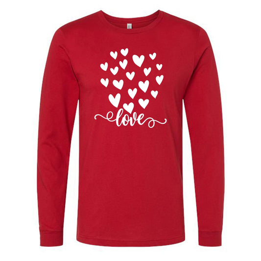 Valentine Long Sleeve Tee, Script LOVE with Cute White Hearts, Love Heart Design on premium unisex long sleeve tee, 3x plus size long sleeve
