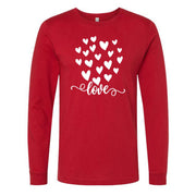 Valentine Long Sleeve Tee, Script LOVE with Cute White Hearts, Love Heart Design on premium unisex long sleeve tee, 3x plus size long sleeve