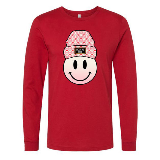 Valentine Long Sleeve Tee, Fun Smiley Face with Beanie, Valentine Vibes Design on premium unisex long sleeve tee, 3x plus size long sleeve