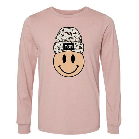 Mom Long Sleeve Tee, Fun Smiley Face with Beanie, Mom Hat Smiley Face Design on premium unisex long sleeve tee, 3x plus size long sleeve