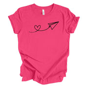 Valentine's Day Tee, Cute Paper Airplane with Heart Trail Design on premium unisex shirt, 4 color choices, 2X, 3X, 4X, plus sizes available