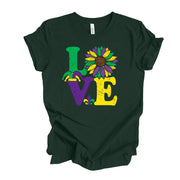 Mardi Gras Tee, LOVE Mardi Gras Sunflower, Mardi Gras Sunflower design,  premium unisex tee, 3 color choices, 3x mardi gras, 4x mardi gras