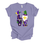 Mardi Gras Tee, Super Cute LOVE Mardi Gras Gnome, Mardi Gras Gnome design, premium unisex tee, 3 color choices, 3x mardi gras, 4x mardi gras